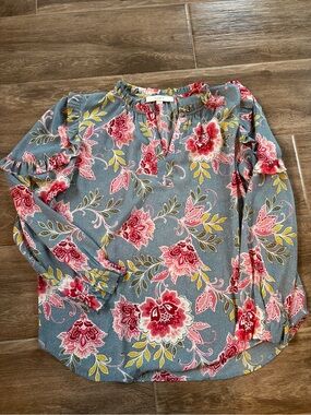 LOFT Women’s Sz M Ruffle Long-Sleeve Paisley Blouse Feminine Career Lightweight‎